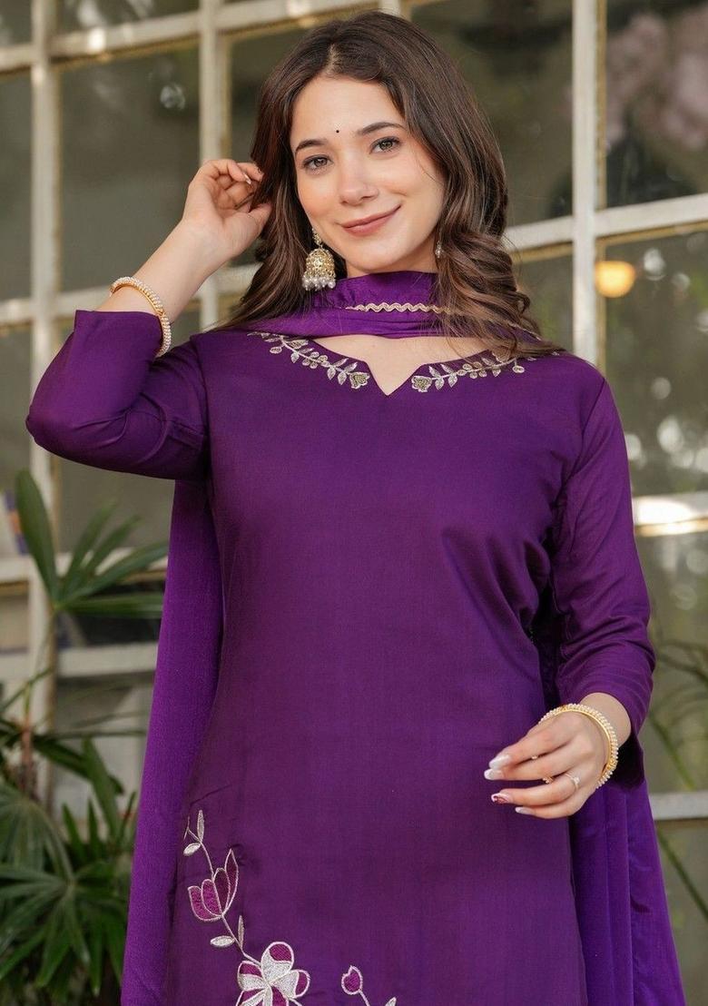 Purple Embroidered Viscose Kurta Set - Indya