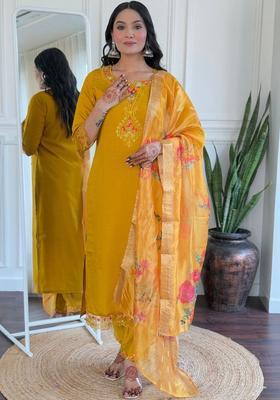 Yellow Embroidered Viscose Kurta Set