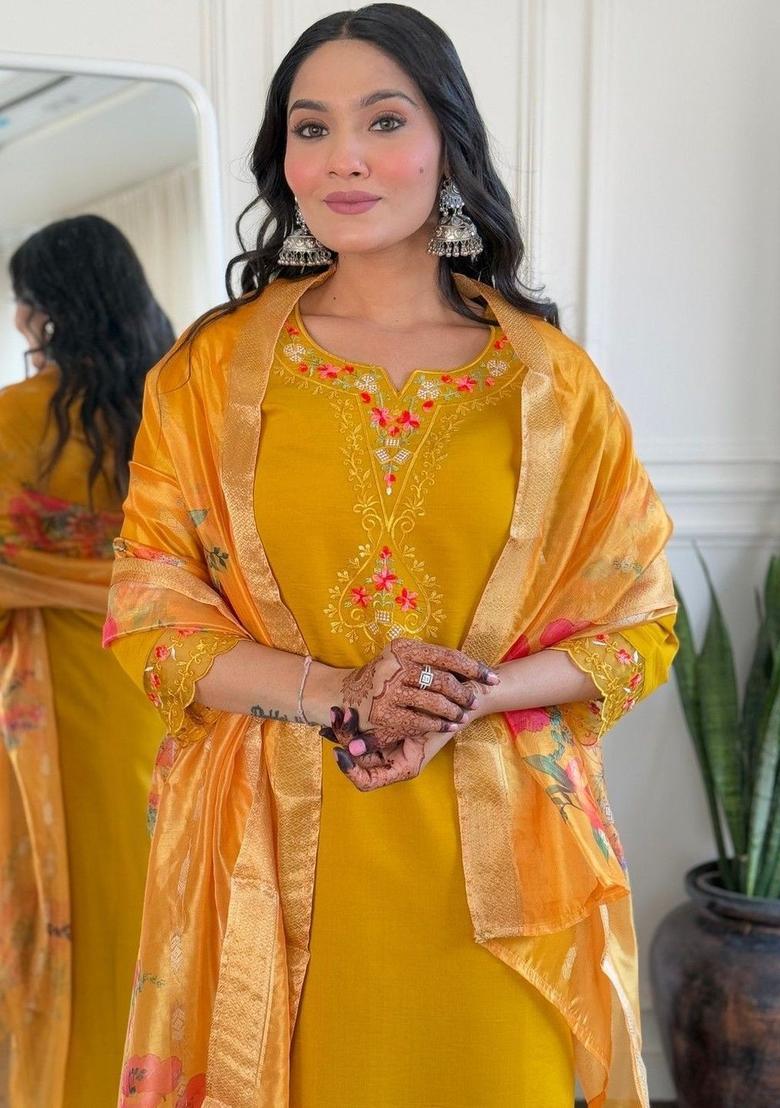 Yellow Embroidered Viscose Kurta Set - Indya