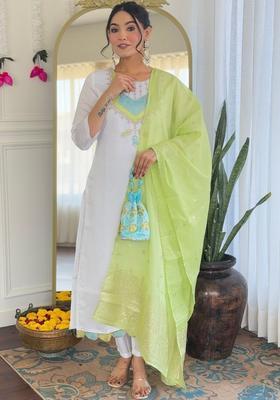 White Embroidered Silk Kurta Set