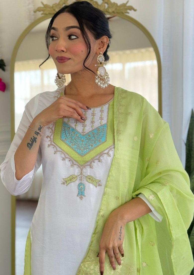 White Embroidered Silk Kurta Set - Indya