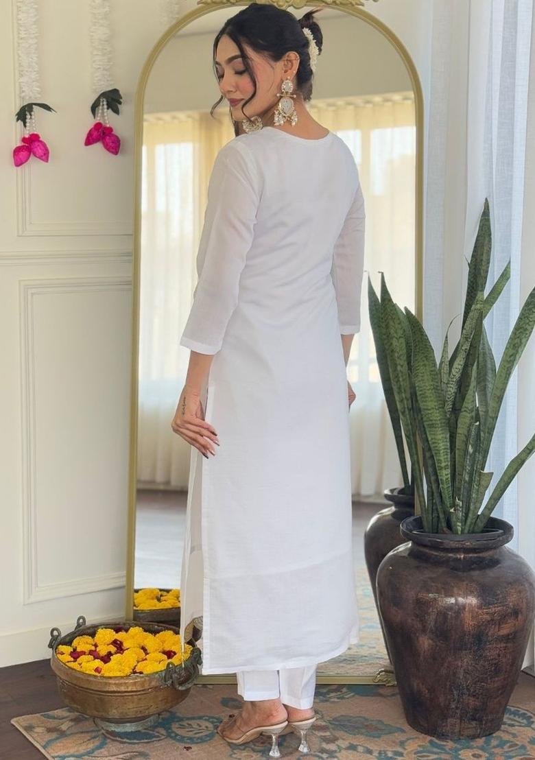 White Embroidered Silk Kurta Set - Indya