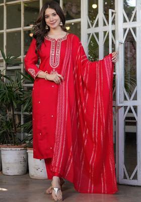 Red Embroidered Silk Kurta Set