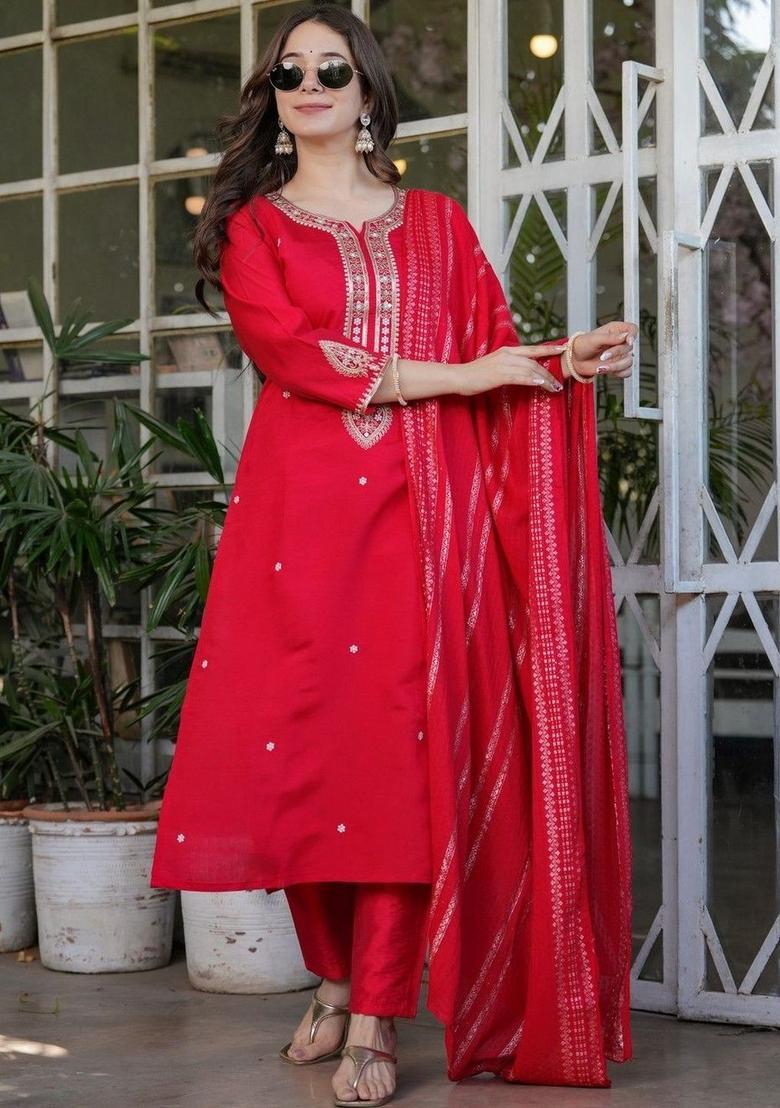 Red Embroidered Silk Kurta Set - Indya