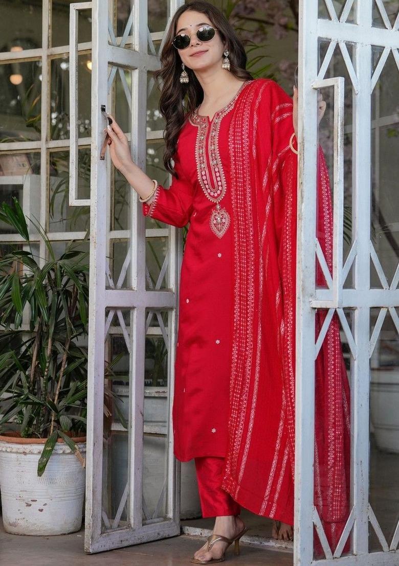 Red Embroidered Silk Kurta Set - Indya