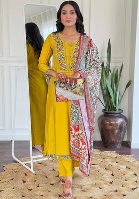 Yellow Embroidered Viscose Kurta Set