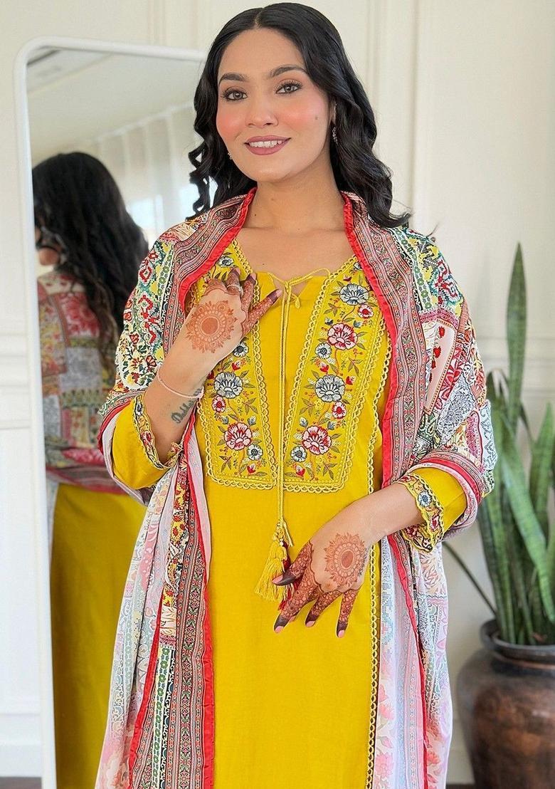 Yellow Embroidered Viscose Kurta Set - Indya