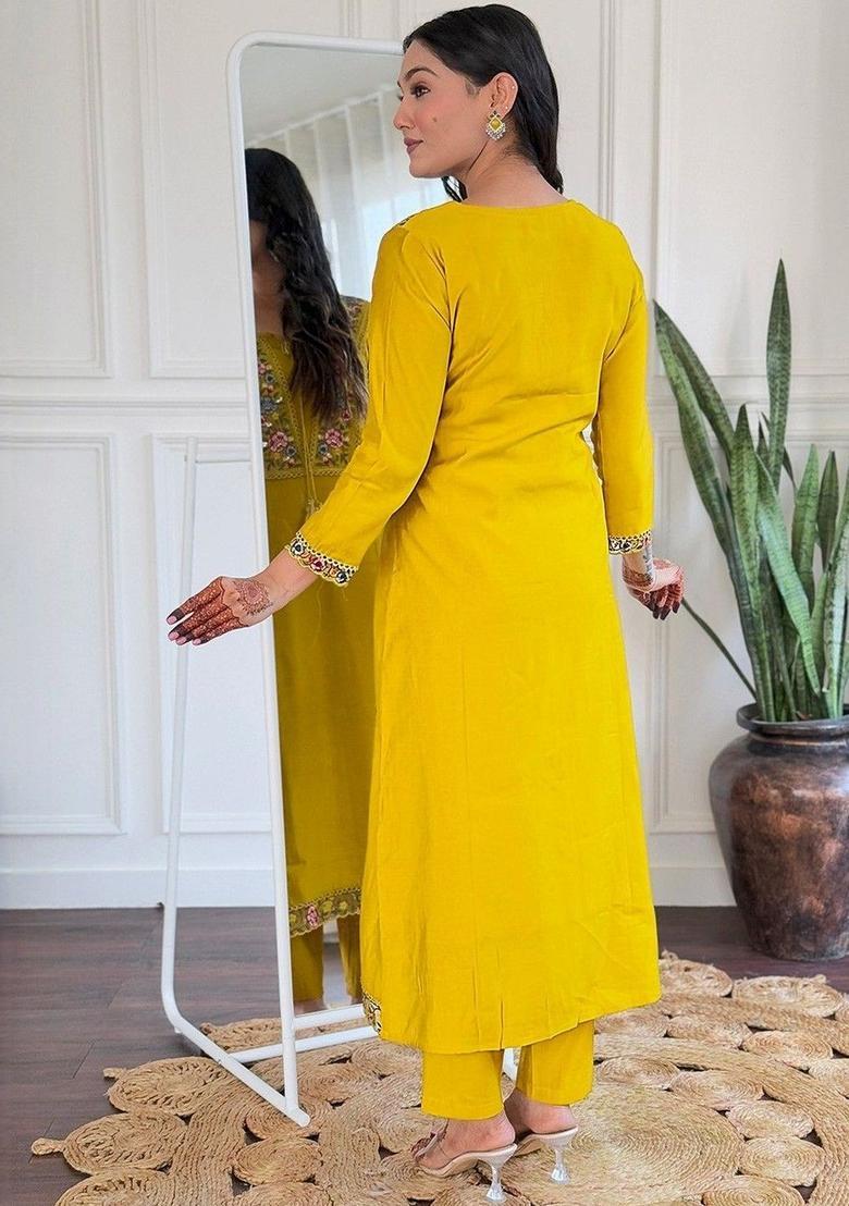 Yellow Embroidered Viscose Kurta Set - Indya