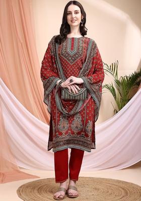 Red Printed Silk Kurta Set