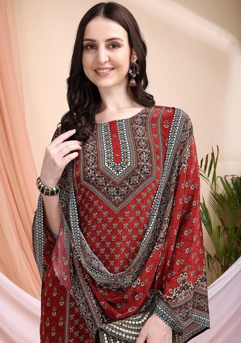 Red Printed Silk Kurta Set - Indya