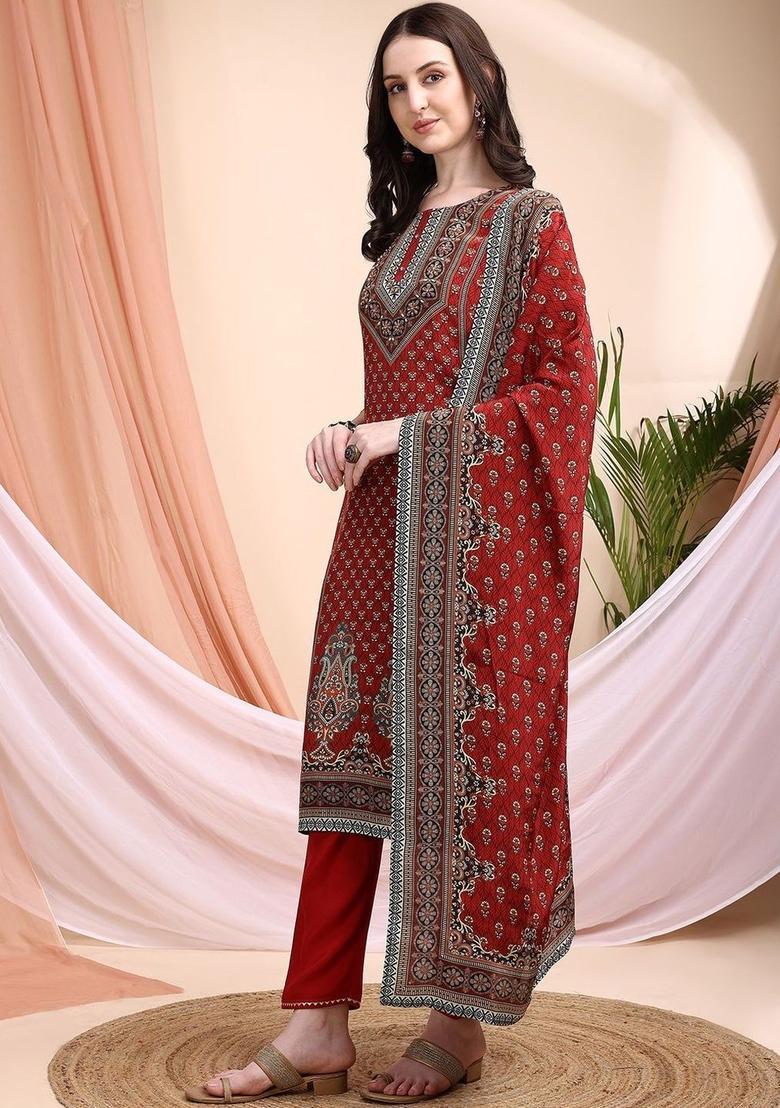 Red Printed Silk Kurta Set - Indya