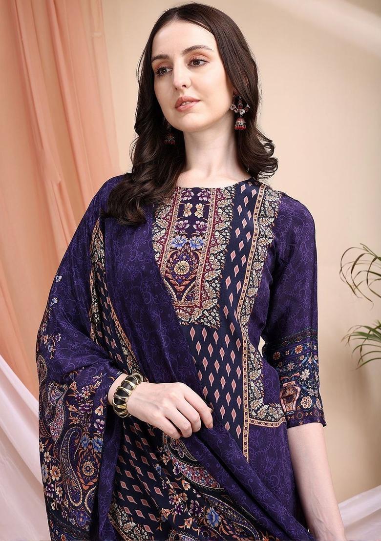 Purple Printed Silk Kurta Set - Indya