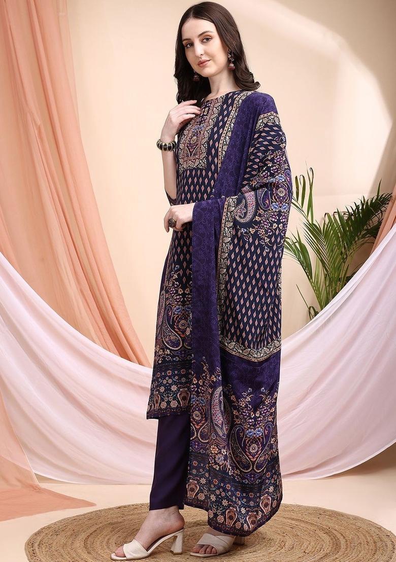 Purple Printed Silk Kurta Set - Indya