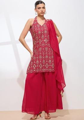 Red Embroidered Georgette Kurta Set