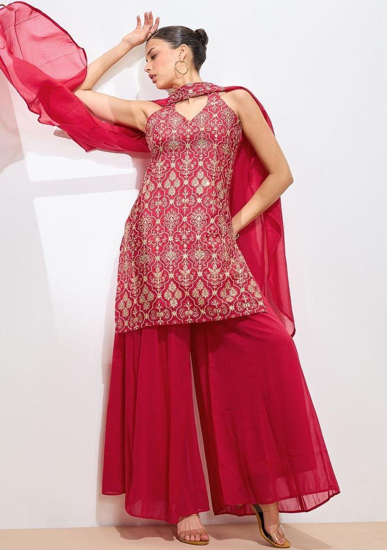 Red Embroidered Georgette Kurta Set - Indya