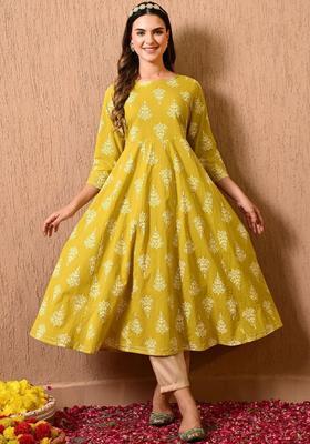 Yellow Printed Cotton Kurta Set