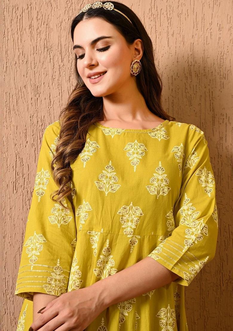 Yellow Printed Cotton Kurta Set - Indya