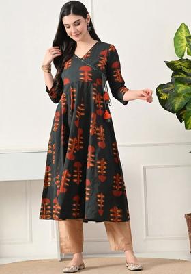 Green Printed Cotton Kurta Set