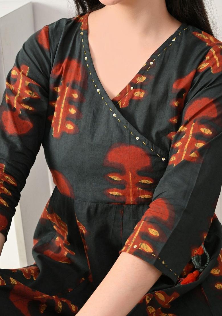 Green Printed Cotton Kurta Set - Indya