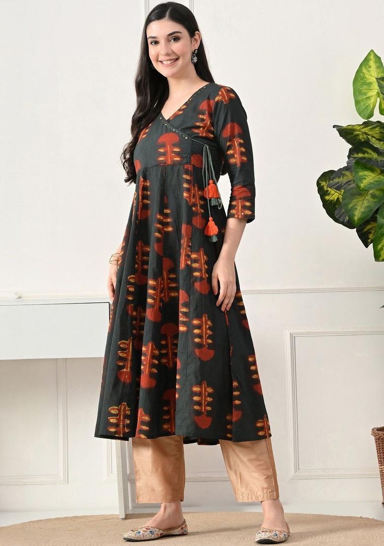 Green Printed Cotton Kurta Set - Indya