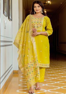 Yellow Embroidered Viscose Kurta Set
