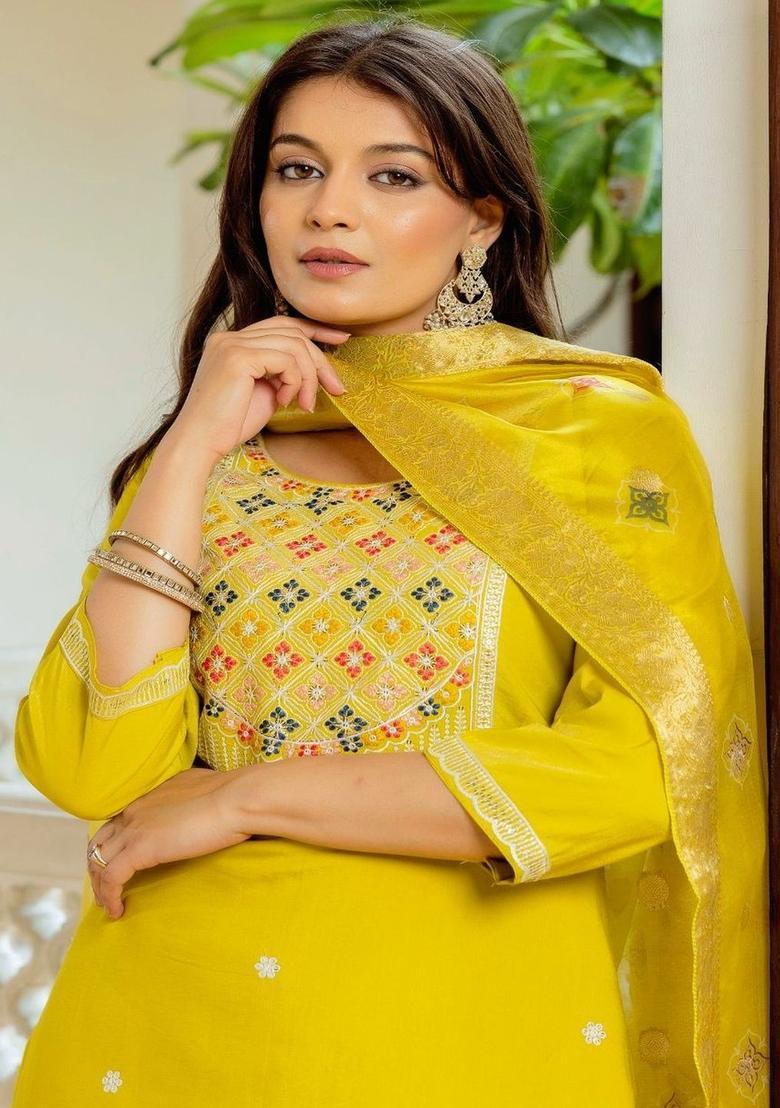 Yellow Embroidered Viscose Kurta Set - Indya
