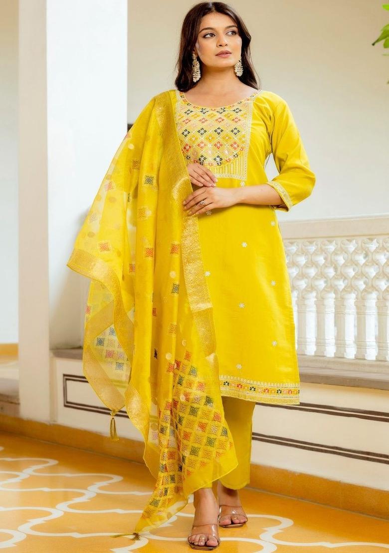 Yellow Embroidered Viscose Kurta Set - Indya