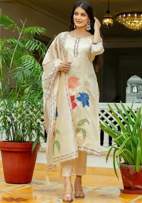 Cream Embroidered Silk Kurta Set