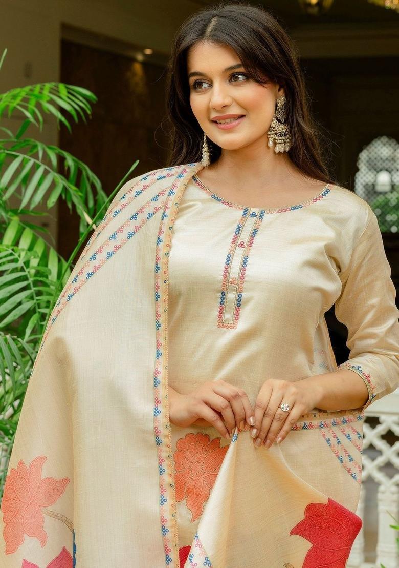 Cream Embroidered Silk Kurta Set - Indya