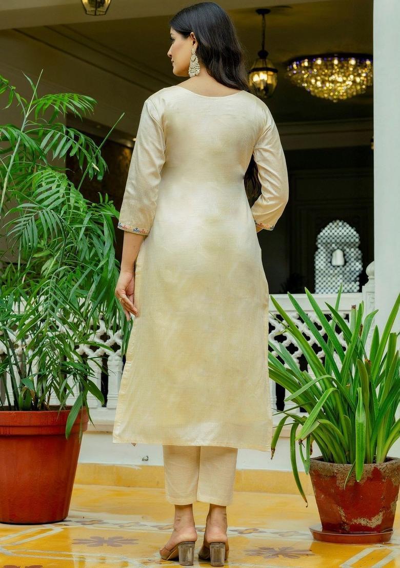 Cream Embroidered Silk Kurta Set - Indya