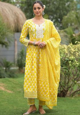 Yellow Printed Cotton Kurta Set