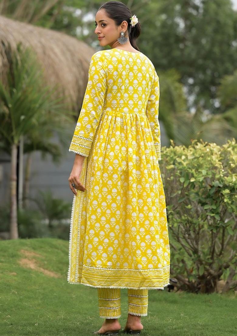 Yellow Printed Cotton Kurta Set - Indya