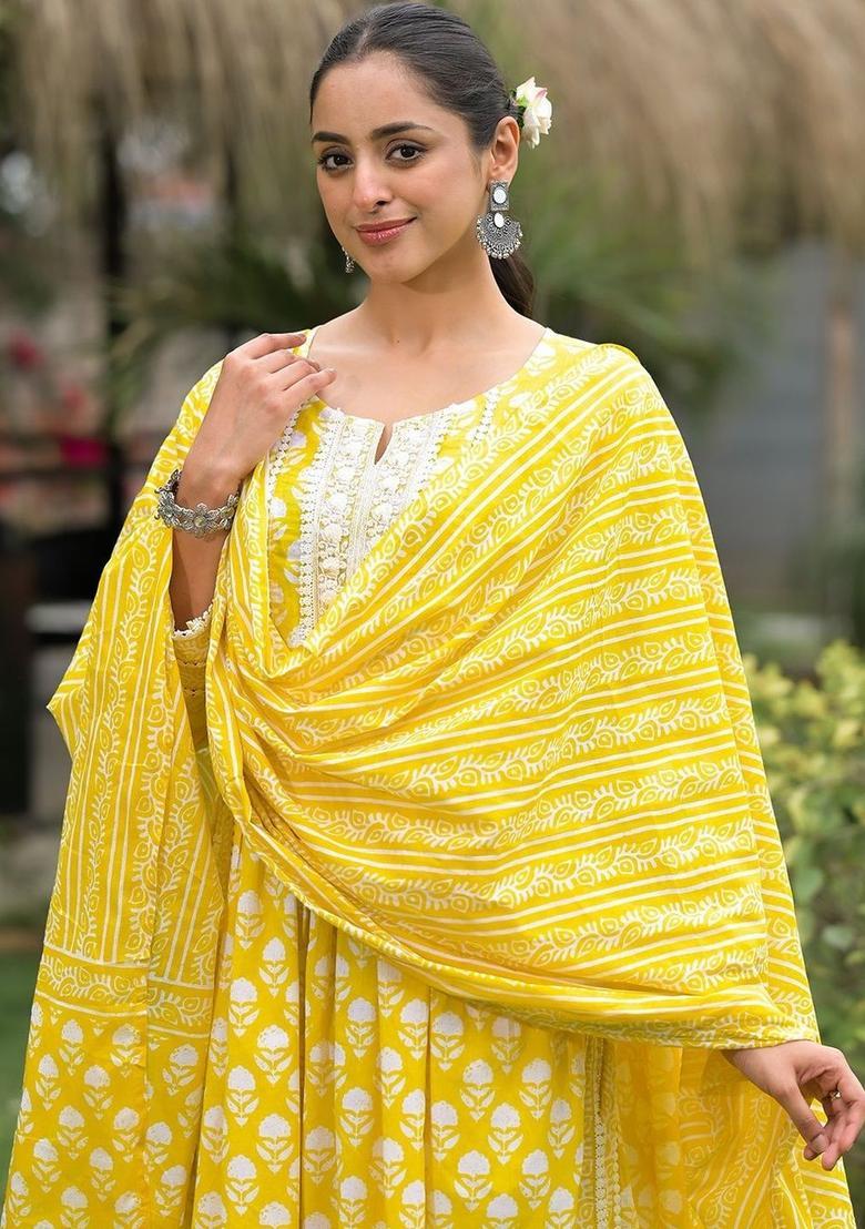 Yellow Printed Cotton Kurta Set - Indya