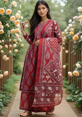 Red Printed Cotton Kurta Set