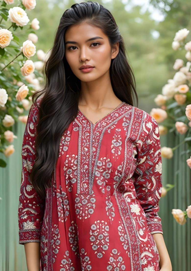 Red Printed Cotton Kurta Set - Indya