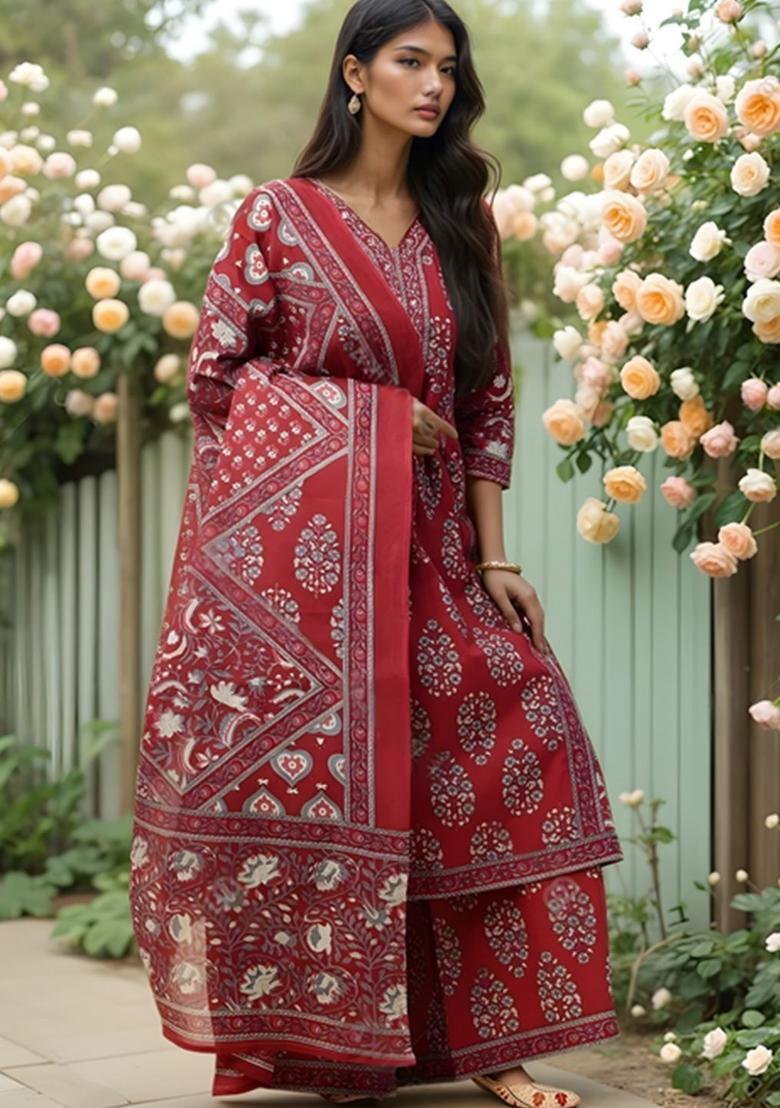 Red Printed Cotton Kurta Set - Indya