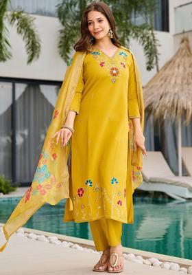 Yellow Embroidered Viscose Kurta Set