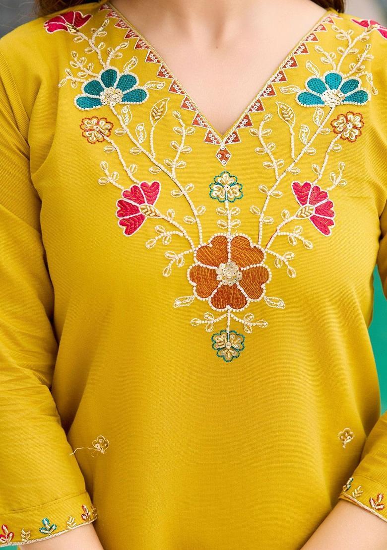 Yellow Embroidered Viscose Kurta Set - Indya
