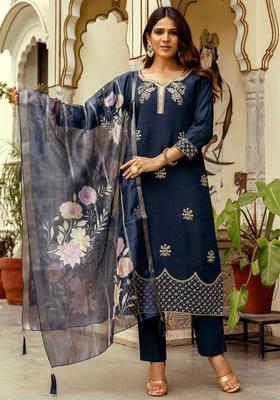 Navy Blue Embroidered Viscose Kurta Set