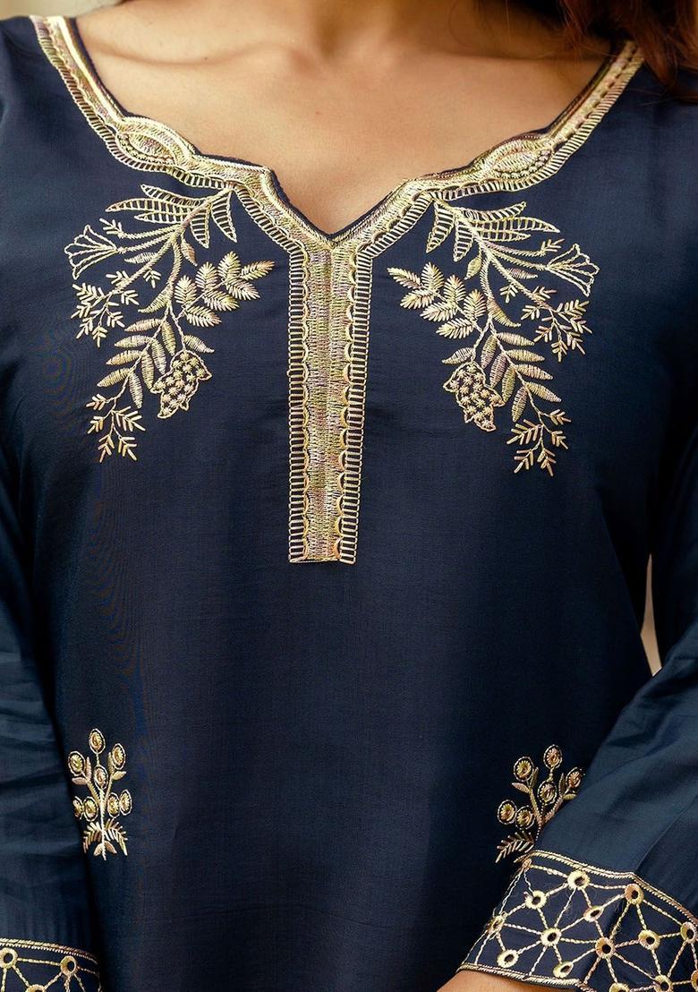 Navy Blue Embroidered Viscose Kurta Set - Indya