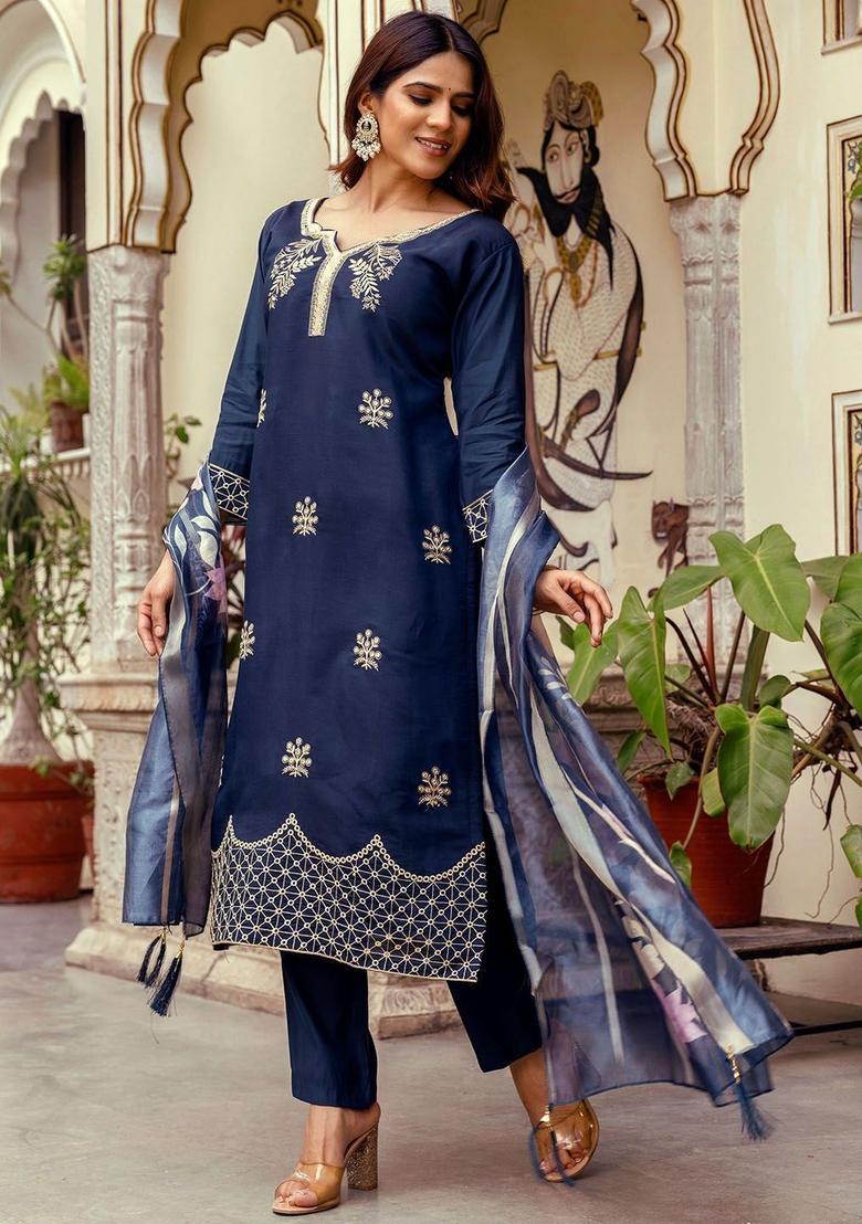 Navy Blue Embroidered Viscose Kurta Set - Indya