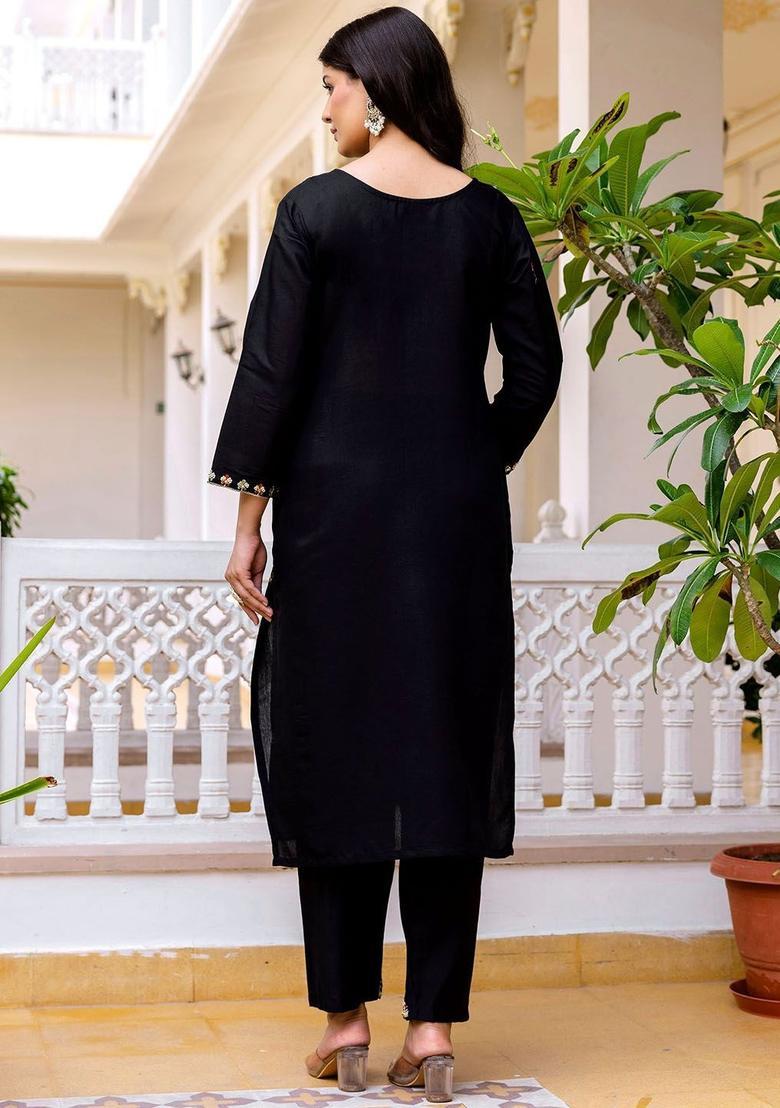 Black Embroidered Viscose Kurta Set - Indya