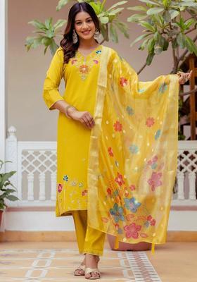 Yellow Printed Viscose Kurta Set