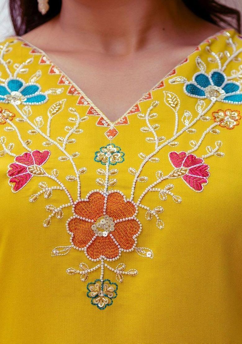 Yellow Printed Viscose Kurta Set - Indya
