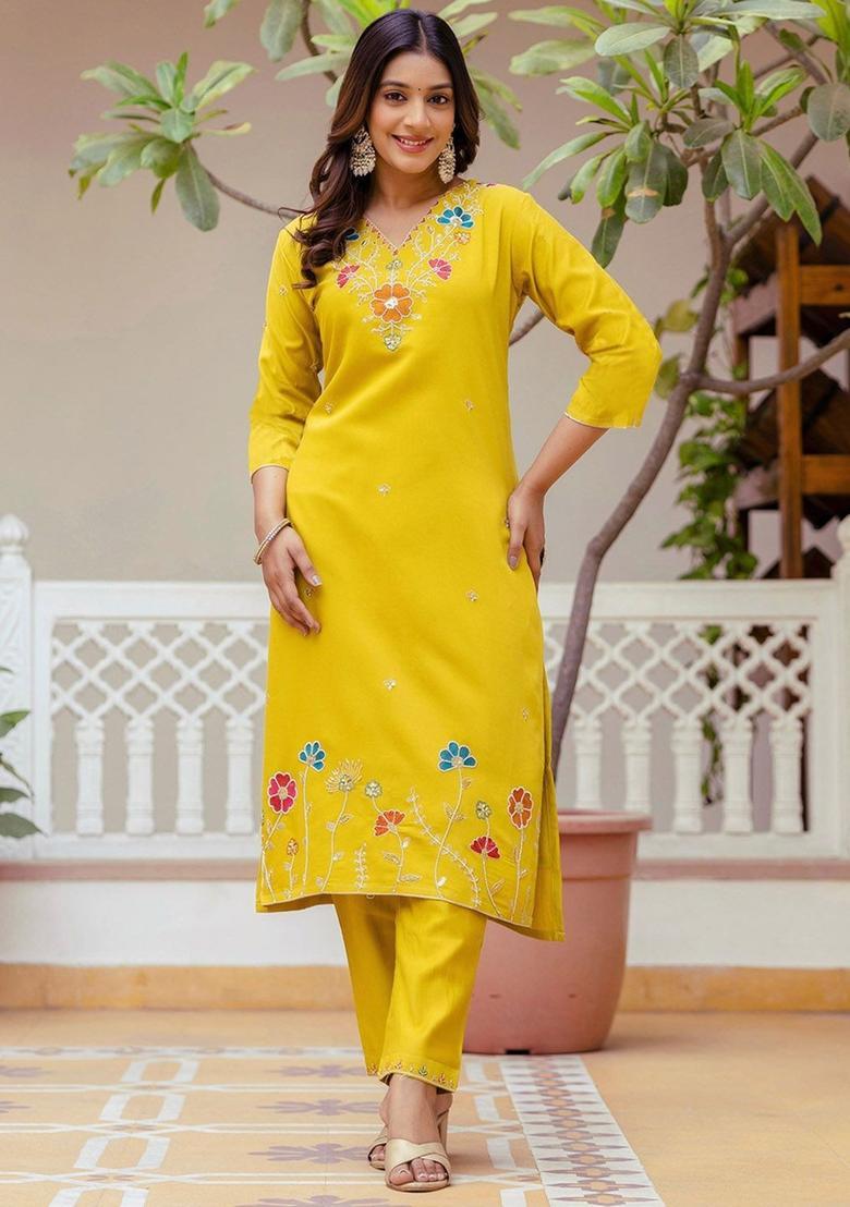 Yellow Printed Viscose Kurta Set - Indya