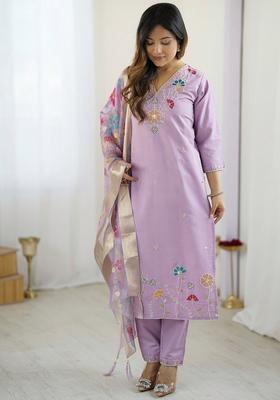 Lavender Printed Viscose Kurta Set