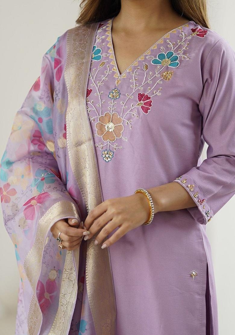 Lavender Printed Viscose Kurta Set - Indya