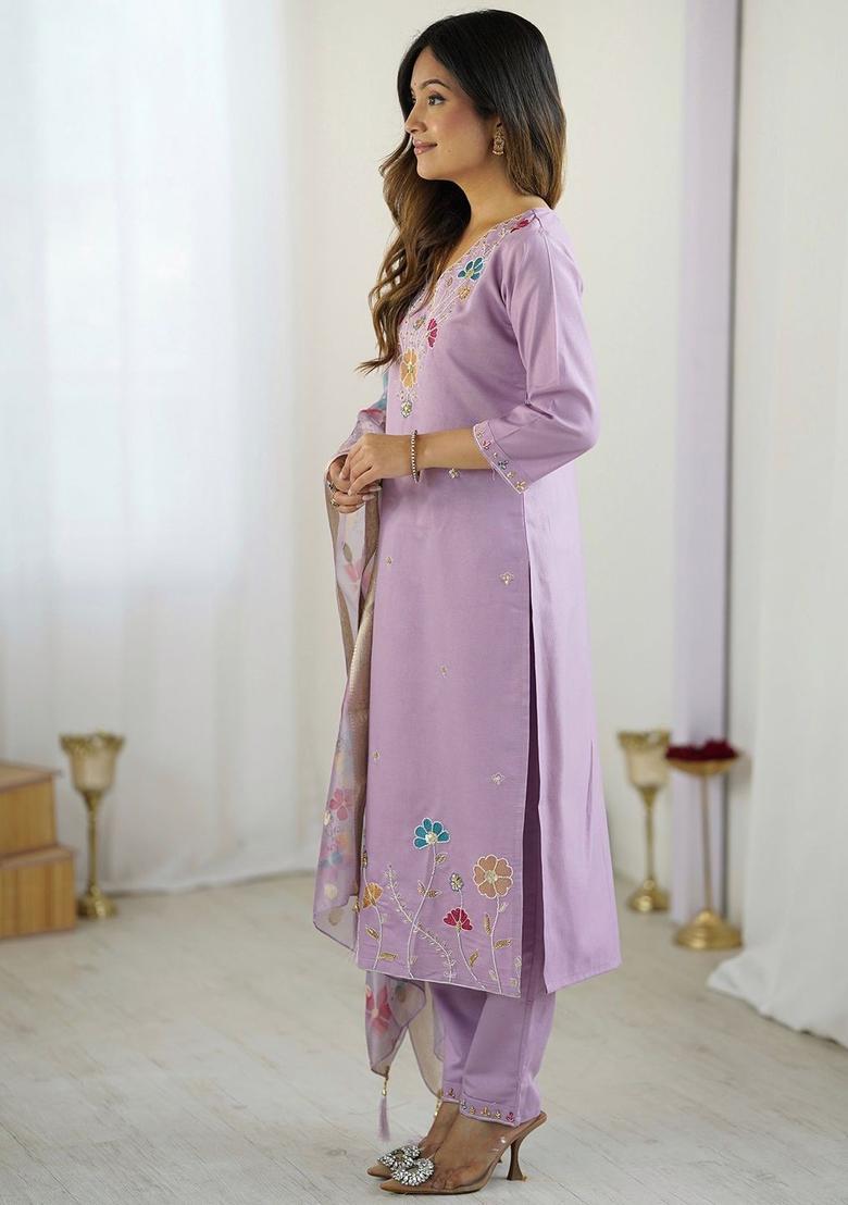 Lavender Printed Viscose Kurta Set - Indya