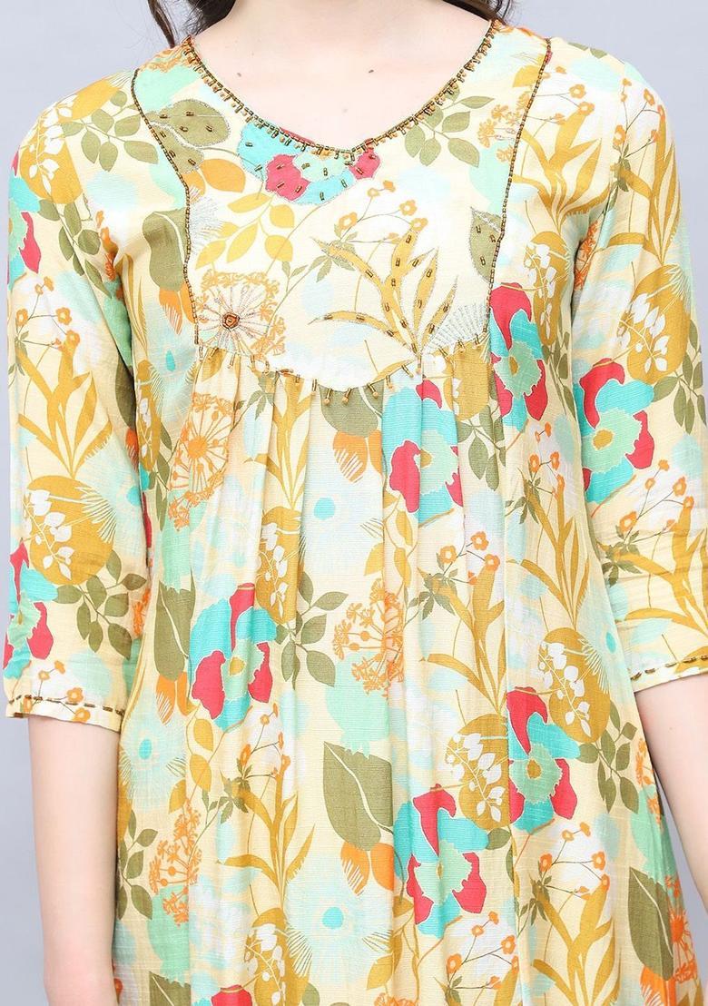 Yellow Printed Chinon Kurta Set - Indya