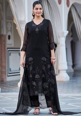 Black Embroidered Georgette Kurta Set